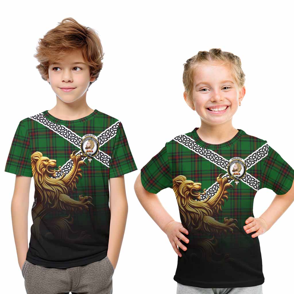 Tartan Vibes Clothing Kirkaldy Crest Tartan Kid T-Shirt with Golden Lion Emblem Celtic Style