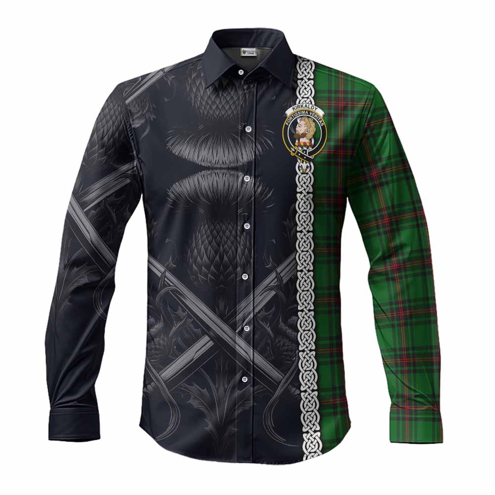 Tartan Vibes Clothing Kirkaldy Tartan Long Sleeve Button Shirt with Family Crest Cross Sword Thistle Celtic Vibes