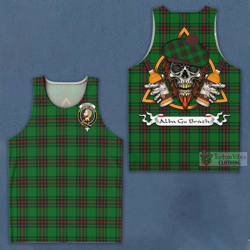 Tartan Vibes Clothing Kirkaldy Tartan Men's Tank Top with Family Crest and Bearded Skull Holding Bottles of Whiskey