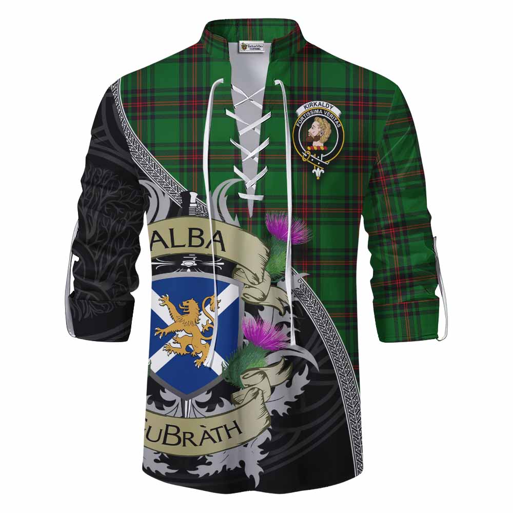 Tartan Vibes Clothing Kirkaldy Tartan Family Crest Ghillie Kilt Shirt Lion Rampant Royal Thistle Shield Celtic Inspired