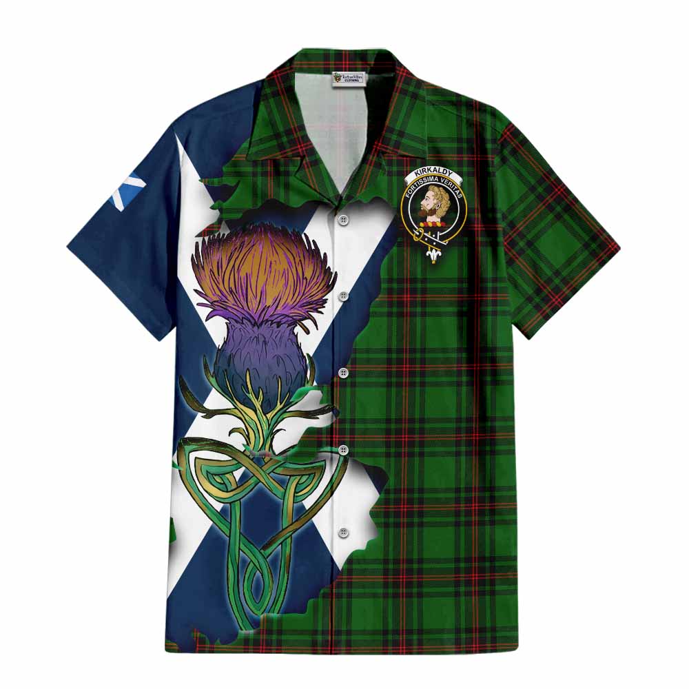 Tartan Vibes Clothing Kirkaldy Tartan Family Crest Short Sleeve Button Shirt Scottish Thistle Celtic Inspired