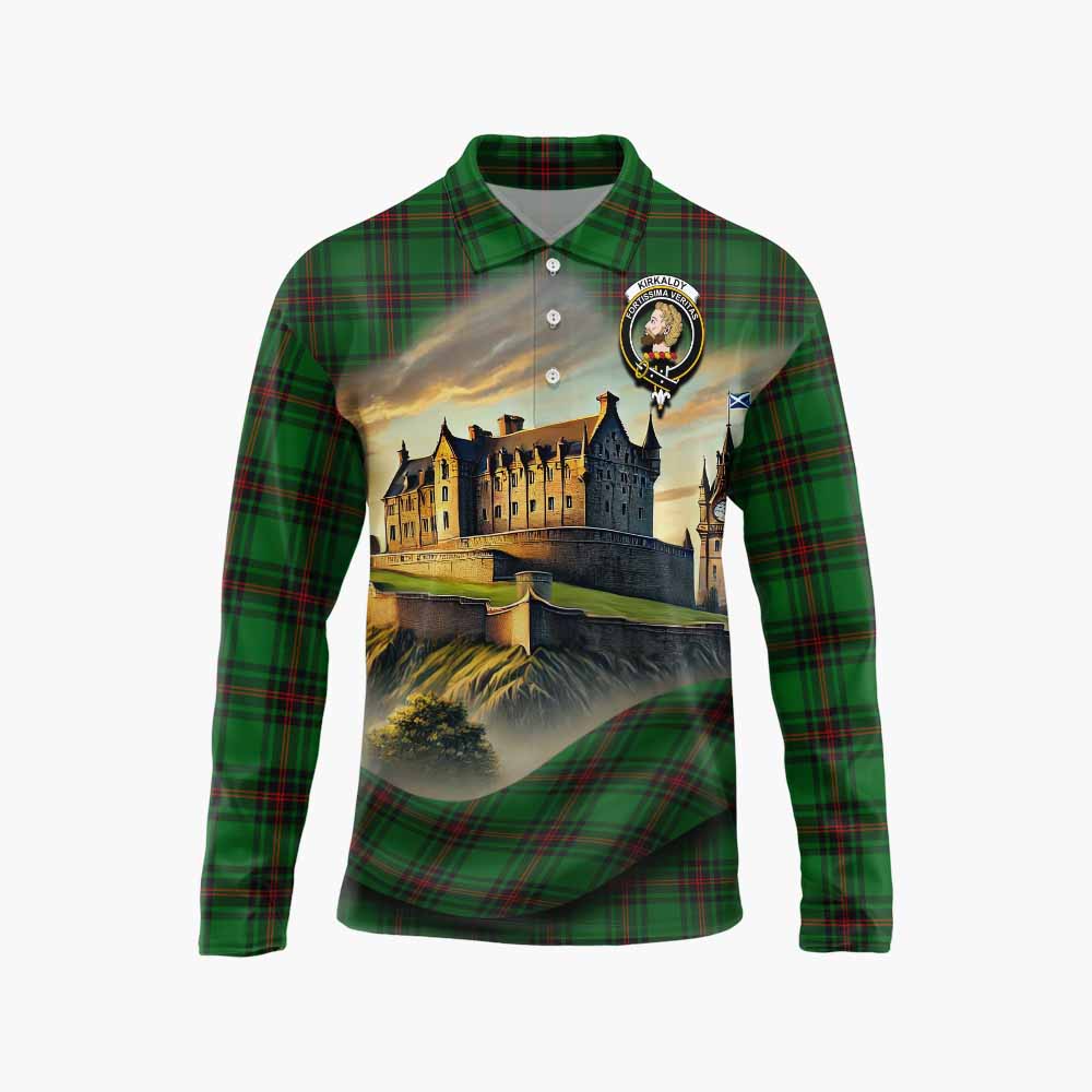 Tartan Vibes Clothing Kirkaldy Tartan Family Crest Long Sleeve Polo Shirt with Scottish Ancient Castle Style