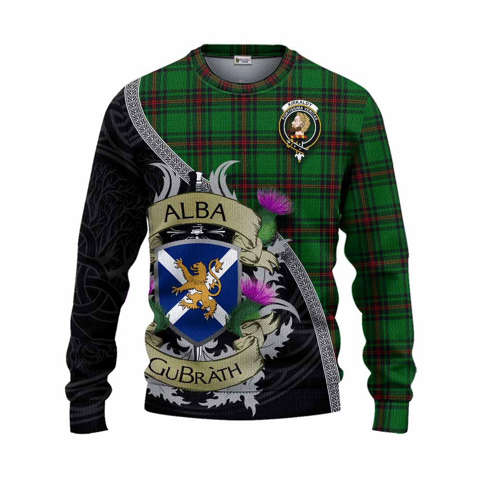 Tartan Vibes Clothing Kirkaldy Tartan Family Crest Knitted Sweater Lion Rampant Royal Thistle Shield Celtic Inspired