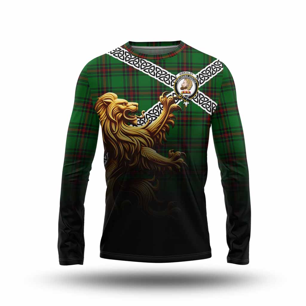 Tartan Vibes Clothing Kirkaldy Crest Tartan Long Sleeve T-Shirt with Golden Lion Emblem Celtic Style
