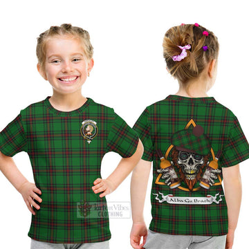 Kirkaldy Tartan Kid T-Shirt with Family Crest and Bearded Skull Holding Bottles of Whiskey