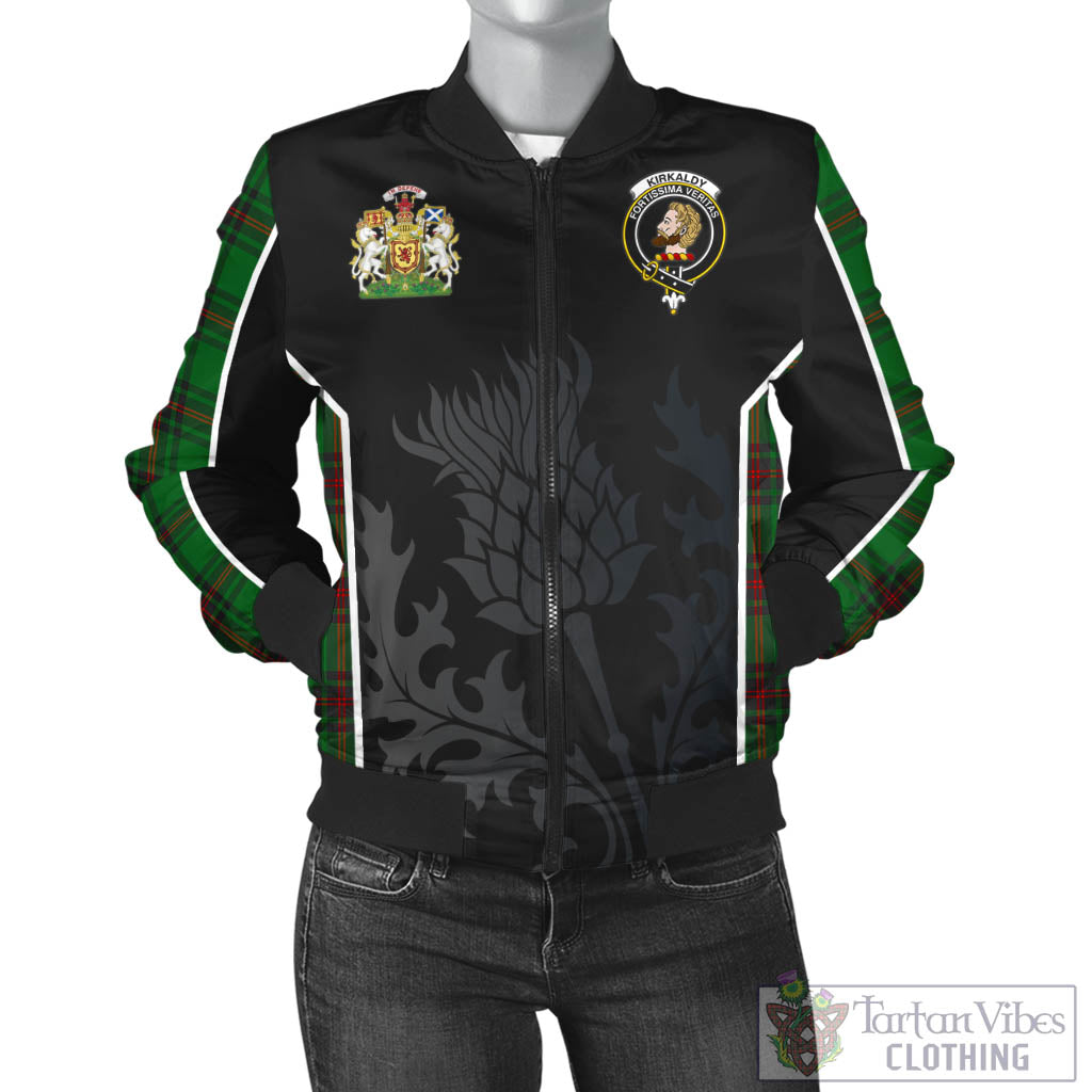 Tartan Vibes Clothing Kirkaldy Tartan Bomber Jacket with Family Crest and Scottish Thistle Vibes Sport Style