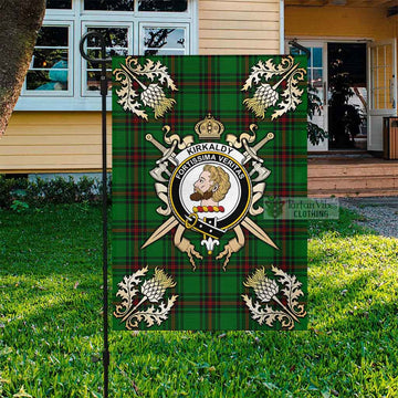 Tartan Vibes Clothing Kirkaldy Tartan Flag with Family Crest and Golden Thistle Crossed Sword Design