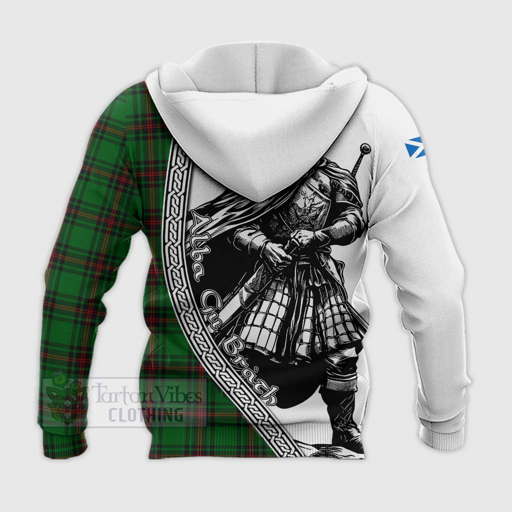 Tartan Vibes Clothing Kirkaldy Tartan Clan Crest Knitted Hoodie with Highlander Warrior Celtic Style