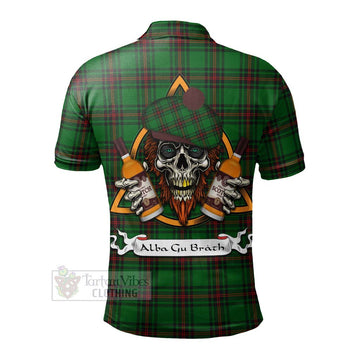 Tartan Vibes Clothing Kirkaldy Tartan Polo Shirt with Family Crest and Bearded Skull Holding Bottles of Whiskey