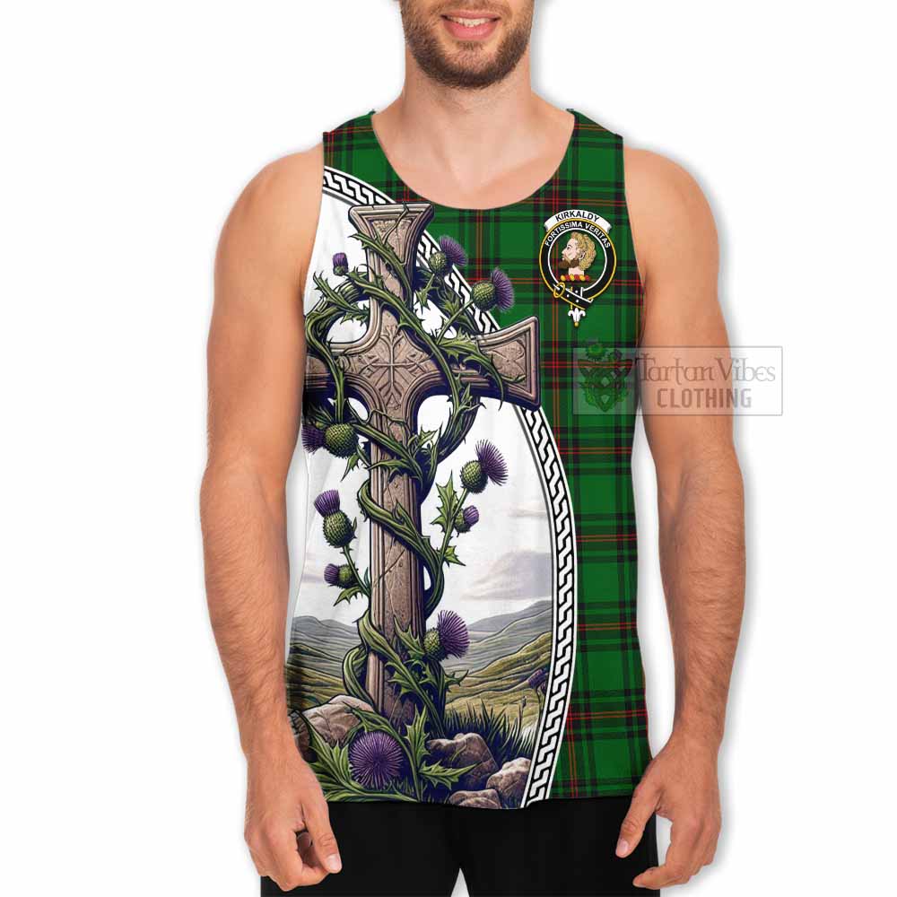 Tartan Vibes Clothing Kirkaldy Tartan Men's Tank Top with Family Crest and St. Andrew's Cross Accented by Thistle Vines