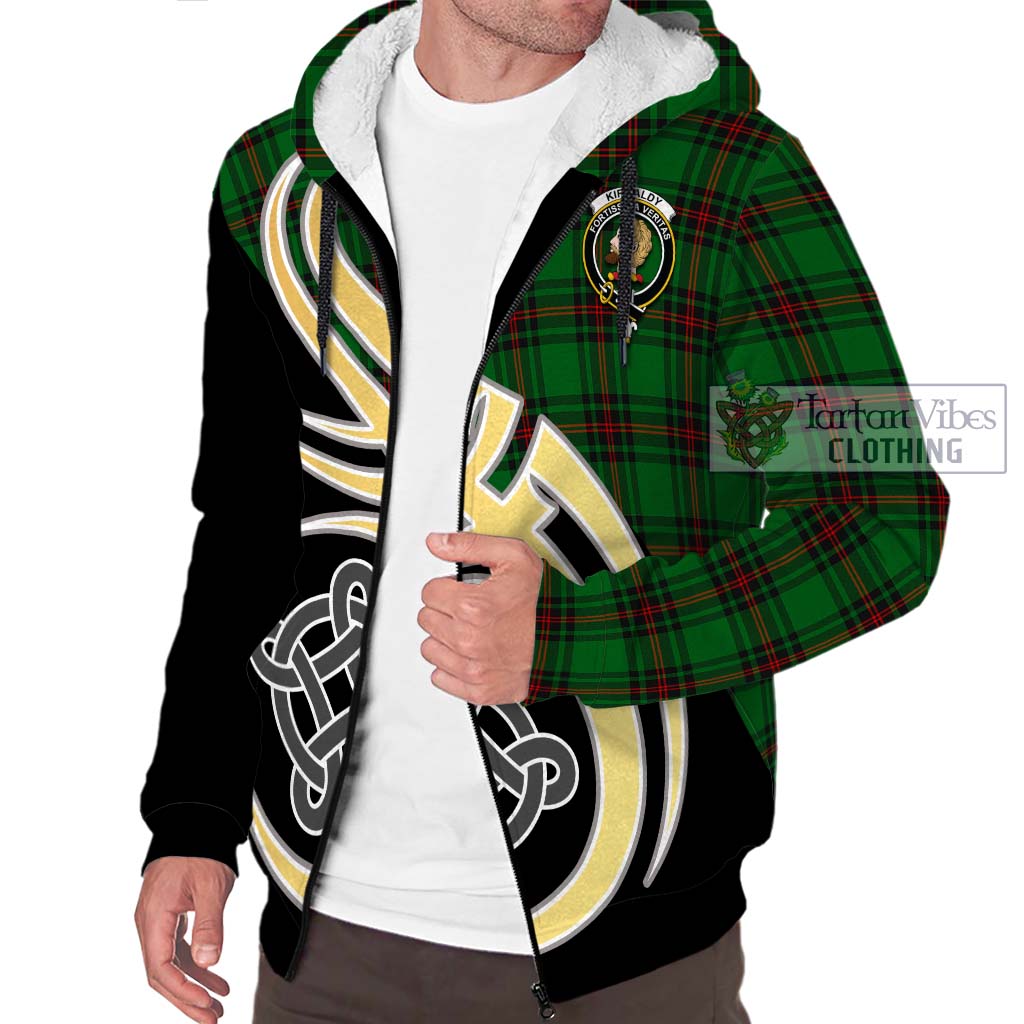 Kirkaldy Tartan Sherpa Hoodie with Family Crest and Celtic Symbol Style - Tartan Vibes Clothing