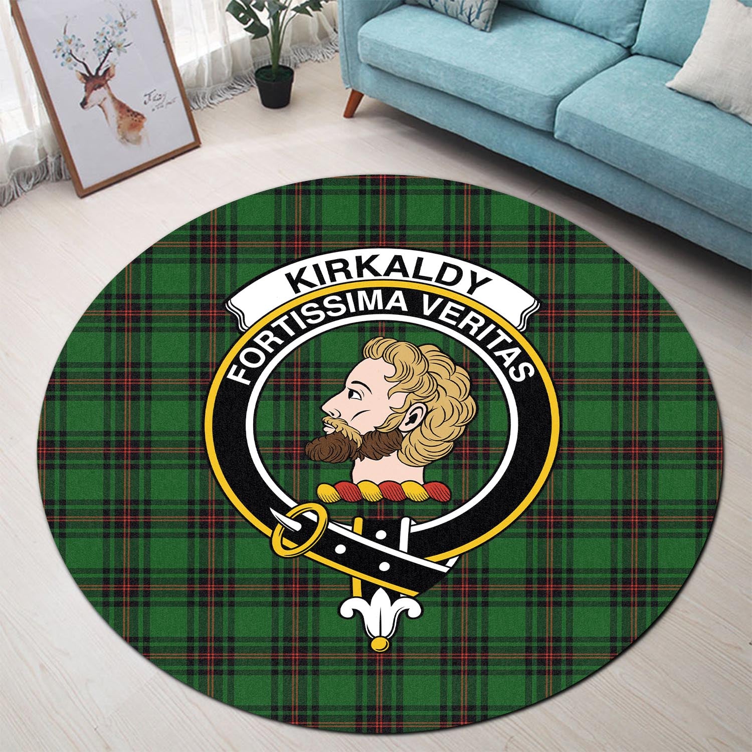 kirkaldy-tartan-round-rug-with-family-crest