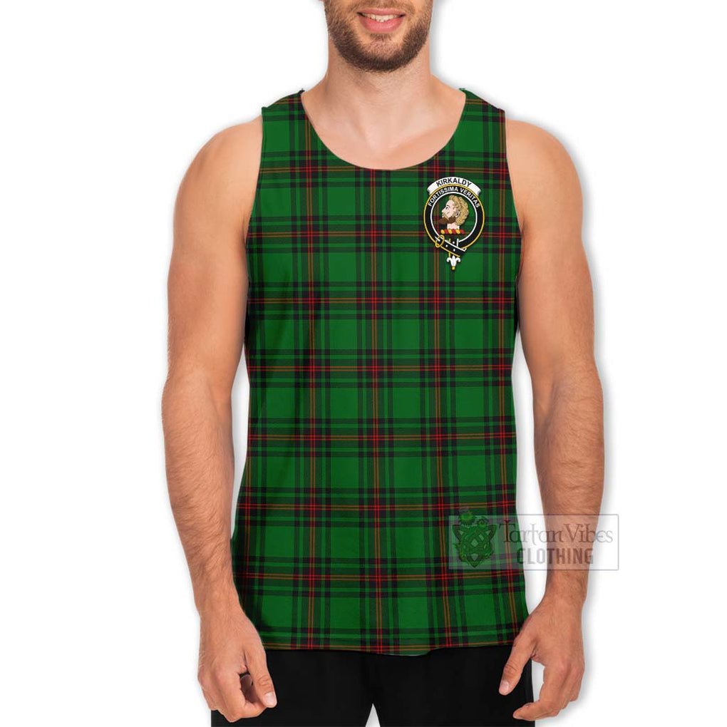 Tartan Vibes Clothing Kirkaldy Tartan Men's Tank Top with Family Crest and Bearded Skull Holding Bottles of Whiskey