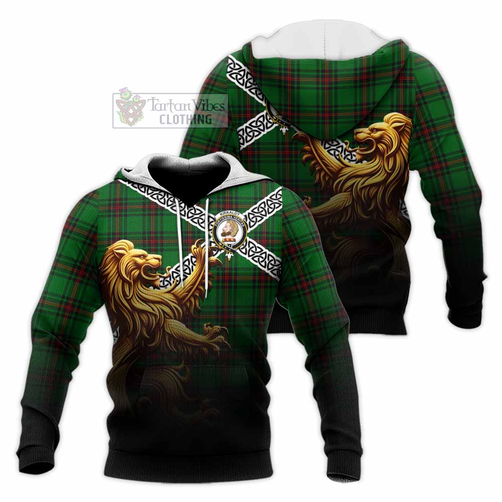 Tartan Vibes Clothing Kirkaldy Crest Tartan Knitted Hoodie with Golden Lion Emblem Celtic Style
