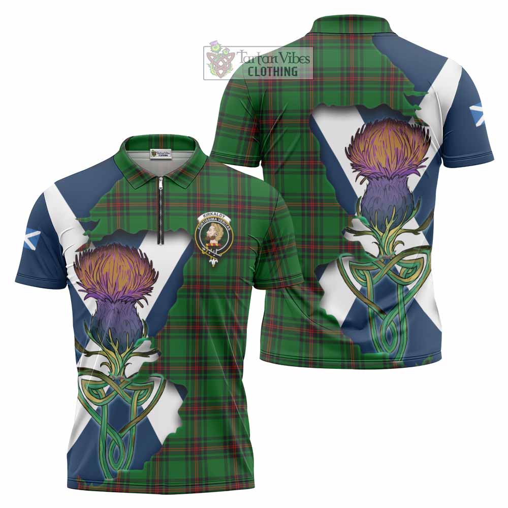 Tartan Vibes Clothing Kirkaldy Tartan Family Crest Zipper Polo Shirt Scottish Thistle Celtic Inspired