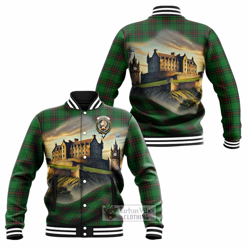 Tartan Vibes Clothing Kirkaldy Tartan Family Crest Baseball Jacket with Scottish Ancient Castle Style
