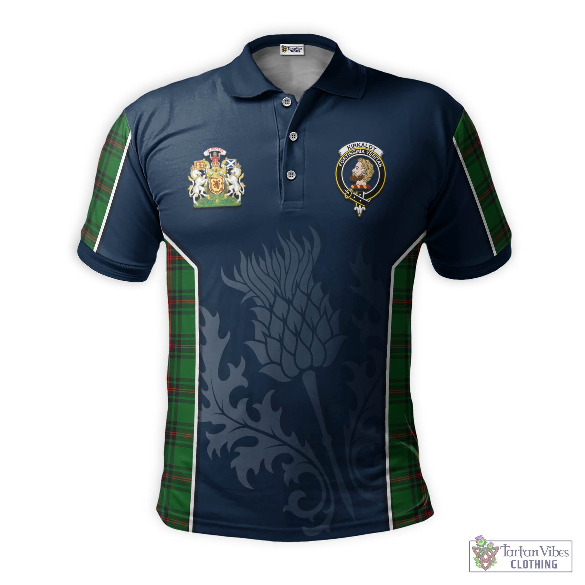 Tartan Vibes Clothing Kirkaldy Tartan Men's Polo Shirt with Family Crest and Scottish Thistle Vibes Sport Style