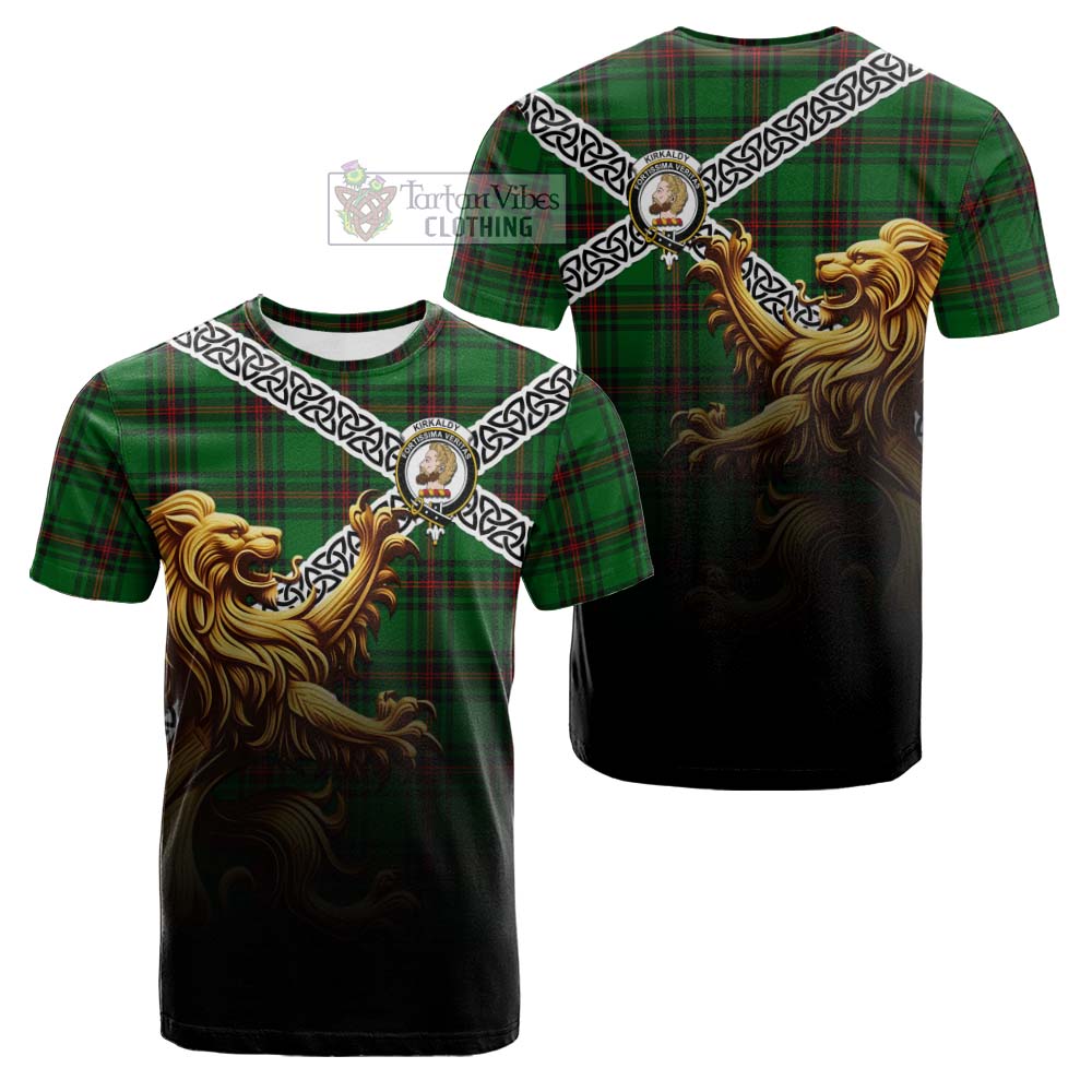 Tartan Vibes Clothing Kirkaldy Crest Tartan Cotton T-shirt with Golden Lion Emblem Celtic Style
