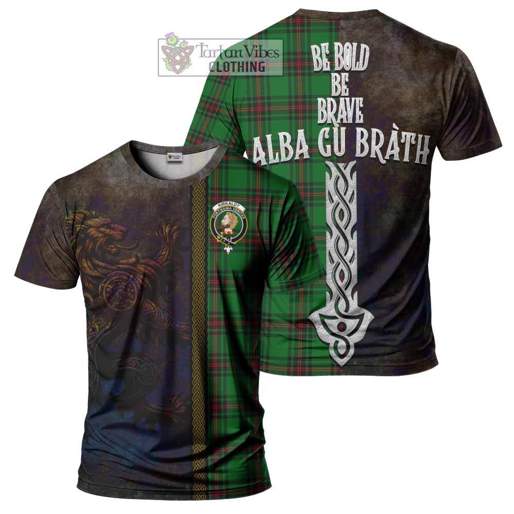 Tartan Vibes Clothing Kirkaldy Tartan Family Crest T-Shirt Alba Gu Brath Be Brave Lion Ancient Style