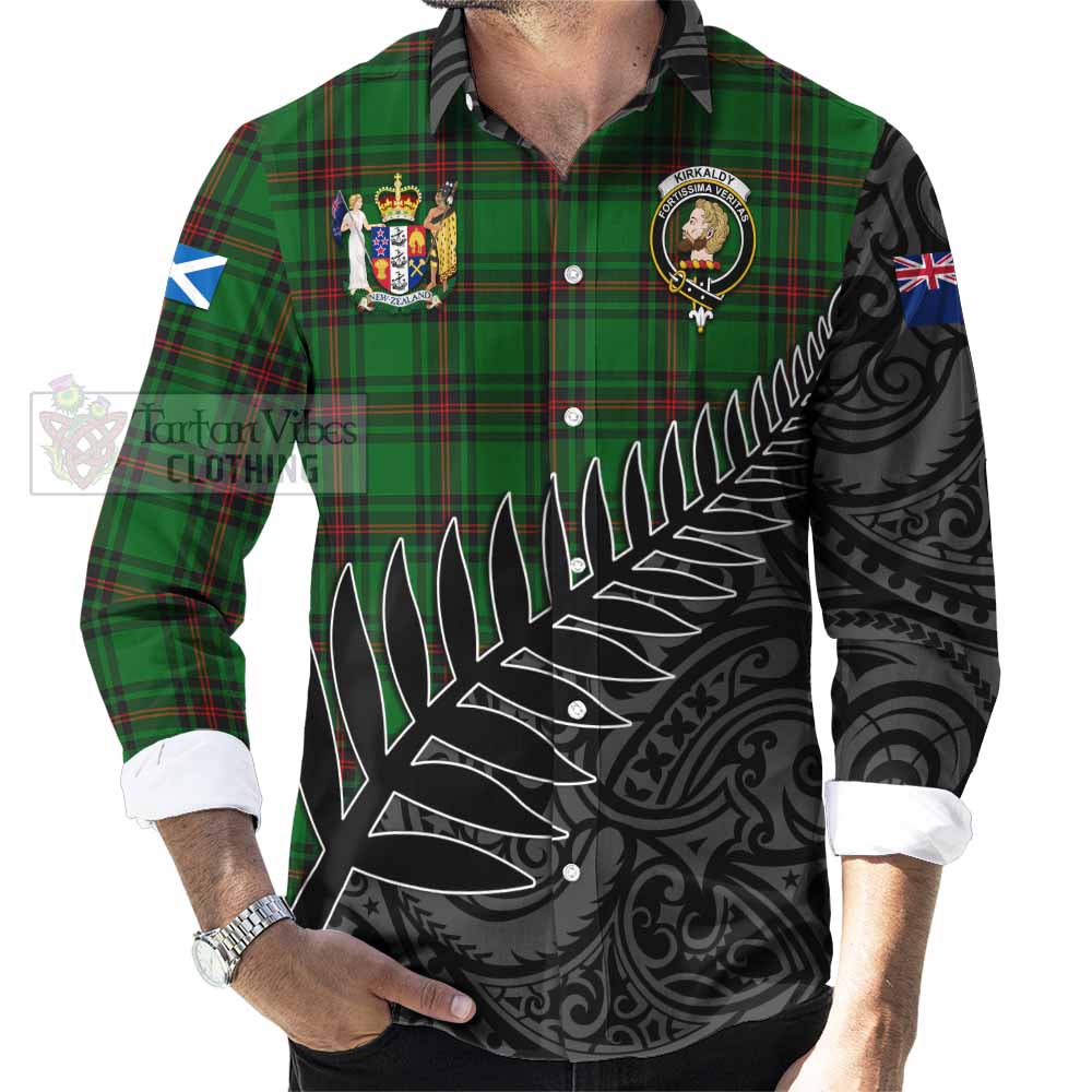 Tartan Vibes Clothing Kirkaldy Crest Tartan Long Sleeve Button Shirt with New Zealand Silver Fern Half Style
