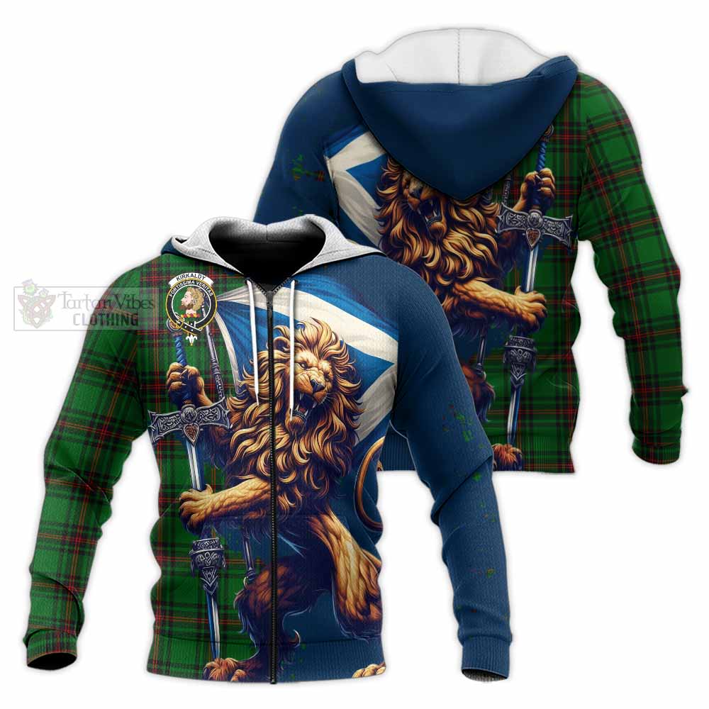Tartan Vibes Clothing Kirkaldy Tartan Family Crest Knitted Hoodie with Scottish Majestic Lion