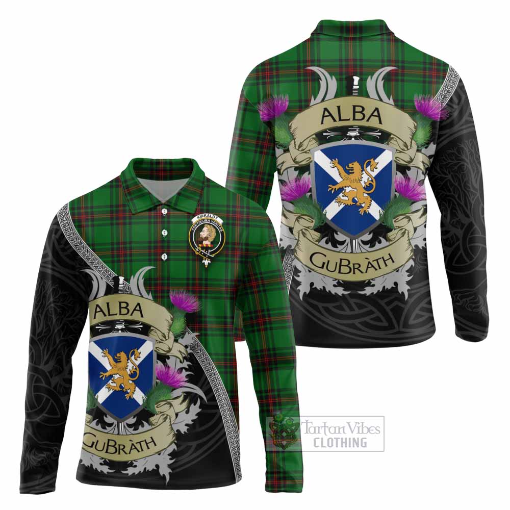 Tartan Vibes Clothing Kirkaldy Tartan Family Crest Long Sleeve Polo Shirt Lion Rampant Royal Thistle Shield Celtic Inspired
