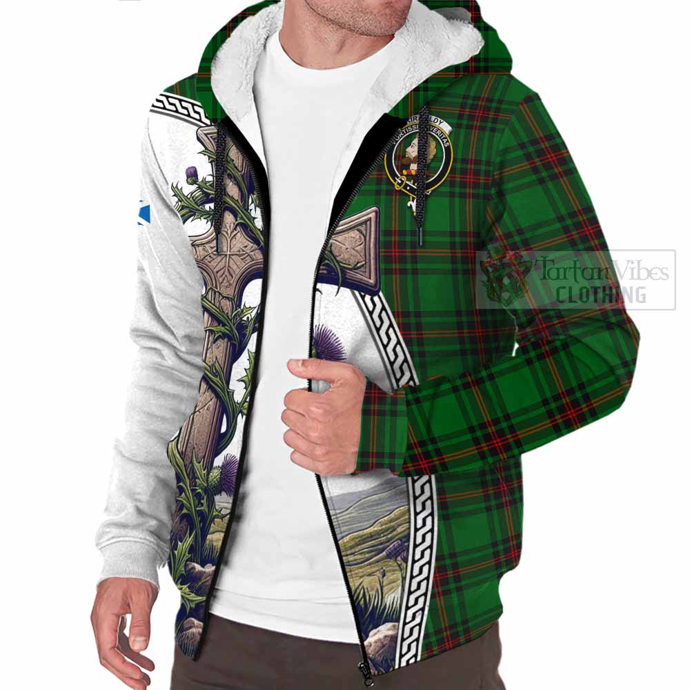 Tartan Vibes Clothing Kirkaldy Tartan Sherpa Hoodie with Family Crest and St. Andrew's Cross Accented by Thistle Vines
