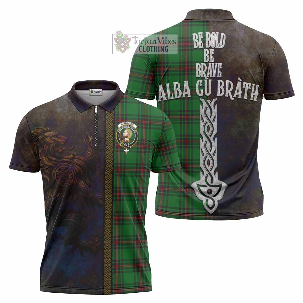 Tartan Vibes Clothing Kirkaldy Tartan Family Crest Zipper Polo Shirt Alba Gu Brath Be Brave Lion Ancient Style