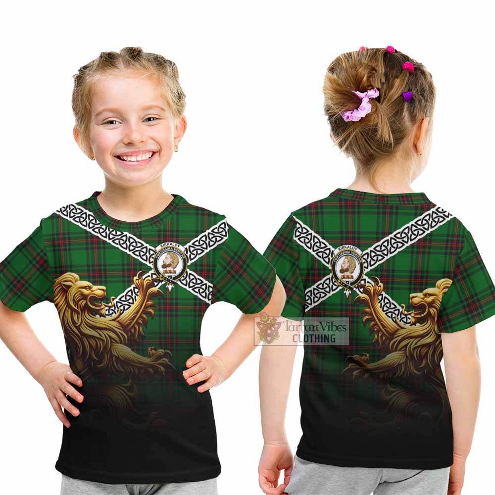 Tartan Vibes Clothing Kirkaldy Crest Tartan Kid T-Shirt with Golden Lion Emblem Celtic Style