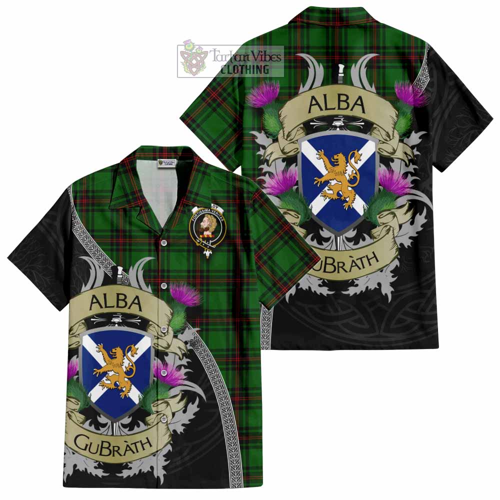 Tartan Vibes Clothing Kirkaldy Tartan Family Crest Short Sleeve Button Shirt Lion Rampant Royal Thistle Shield Celtic Inspired