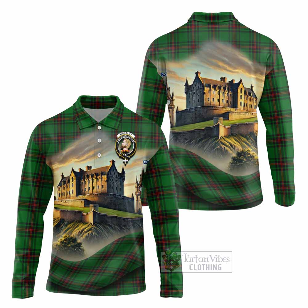 Tartan Vibes Clothing Kirkaldy Tartan Family Crest Long Sleeve Polo Shirt with Scottish Ancient Castle Style