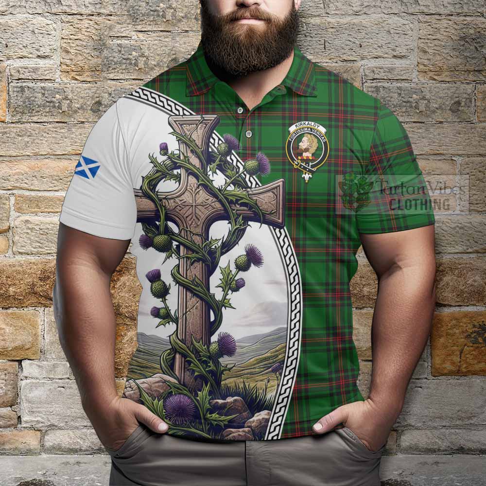 Tartan Vibes Clothing Kirkaldy Tartan Polo Shirt with Family Crest and St. Andrew's Cross Accented by Thistle Vines