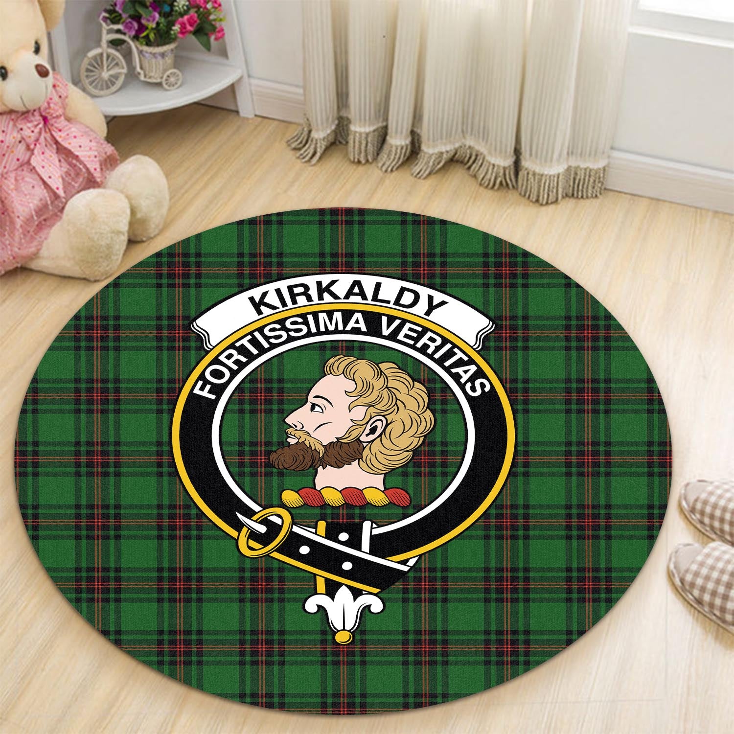kirkaldy-tartan-round-rug-with-family-crest