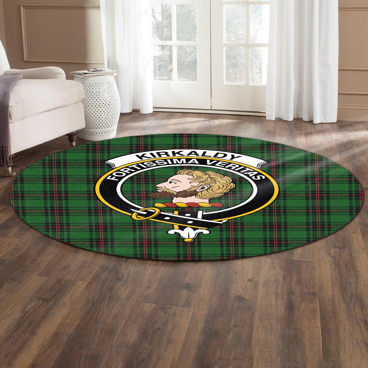 kirkaldy-tartan-round-rug-with-family-crest
