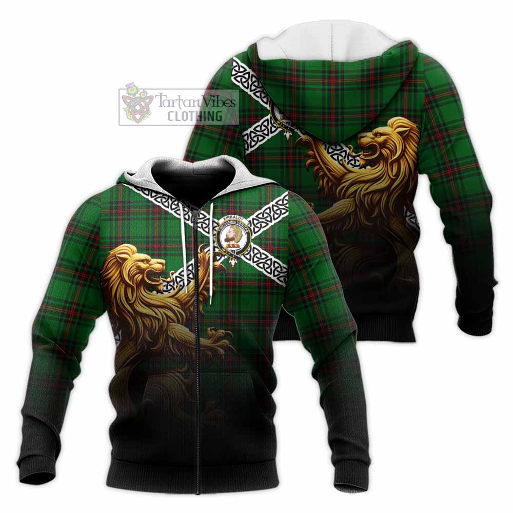 Tartan Vibes Clothing Kirkaldy Crest Tartan Knitted Hoodie with Golden Lion Emblem Celtic Style