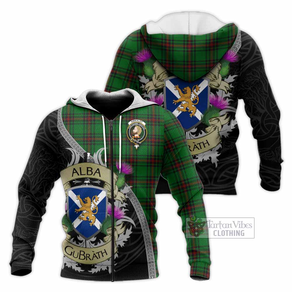 Tartan Vibes Clothing Kirkaldy Tartan Family Crest Knitted Hoodie Lion Rampant Royal Thistle Shield Celtic Inspired