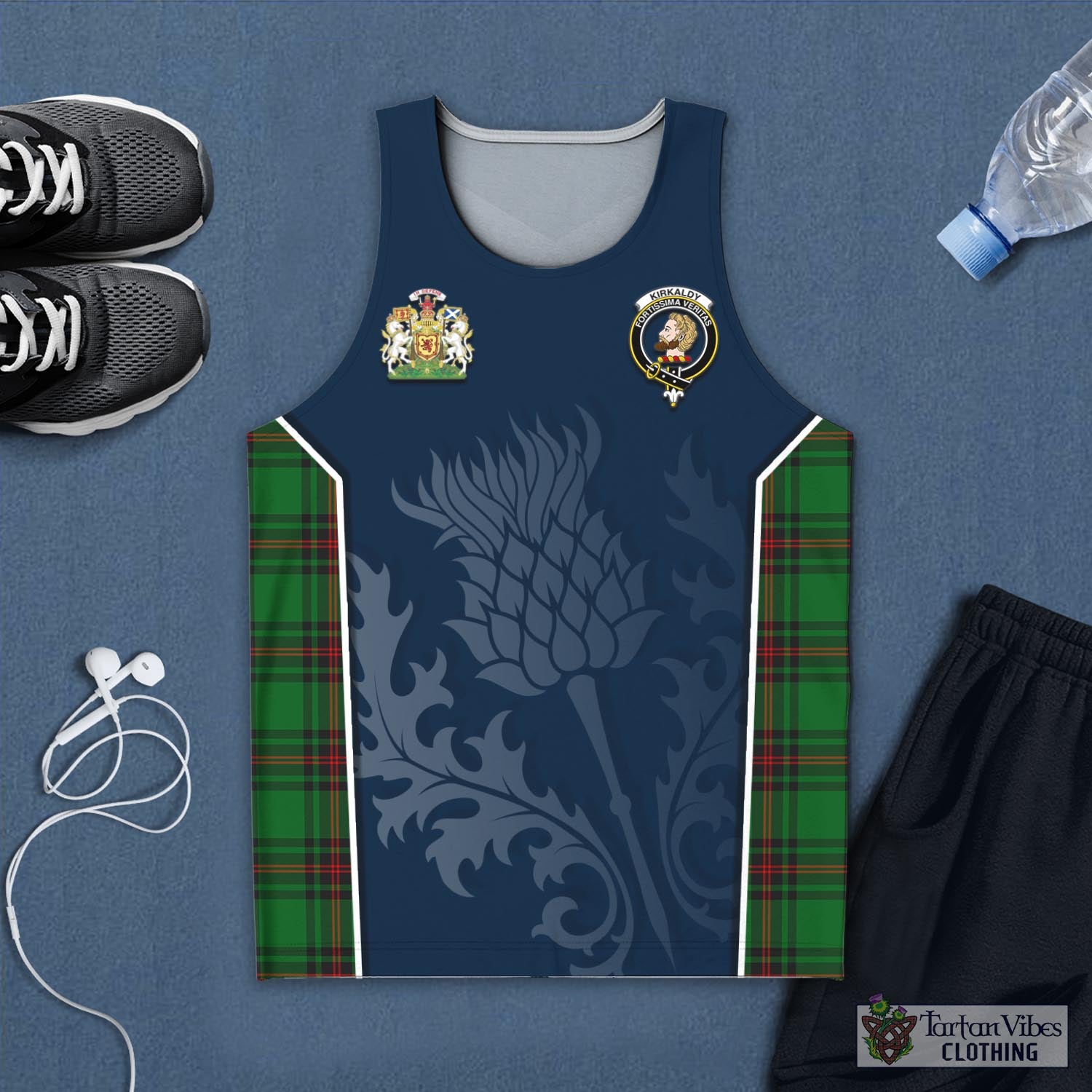 Tartan Vibes Clothing Kirkaldy Tartan Men's Tanks Top with Family Crest and Scottish Thistle Vibes Sport Style