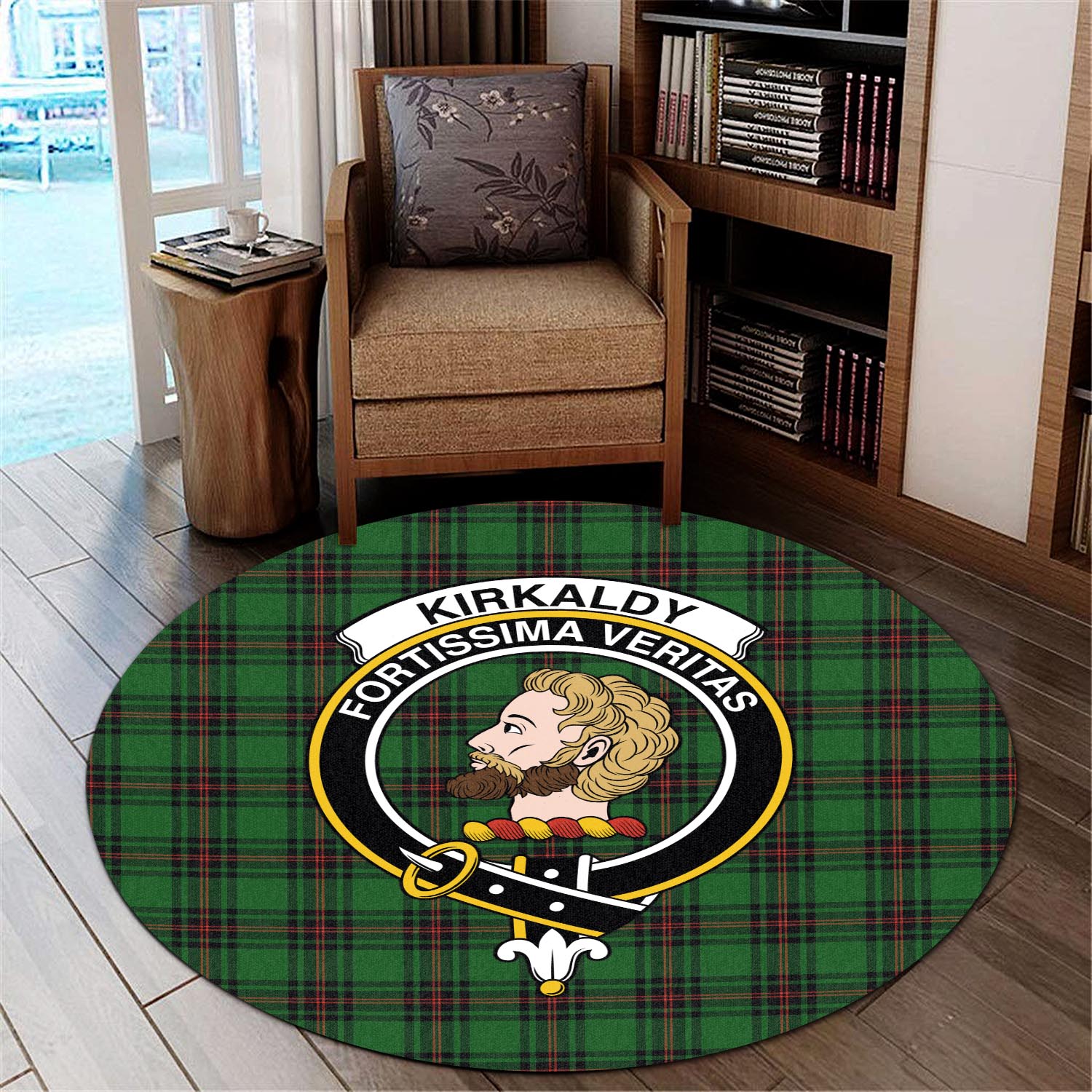 kirkaldy-tartan-round-rug-with-family-crest