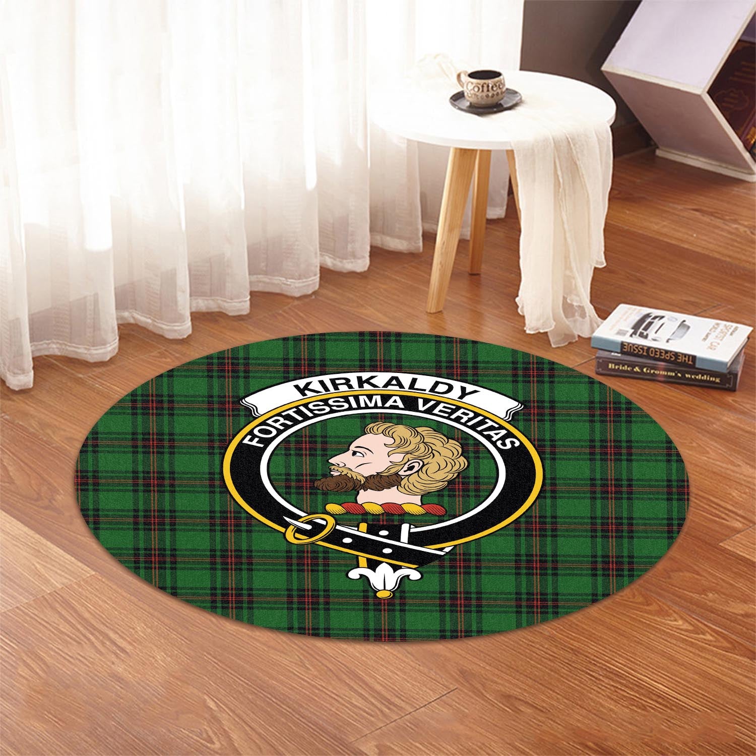 kirkaldy-tartan-round-rug-with-family-crest