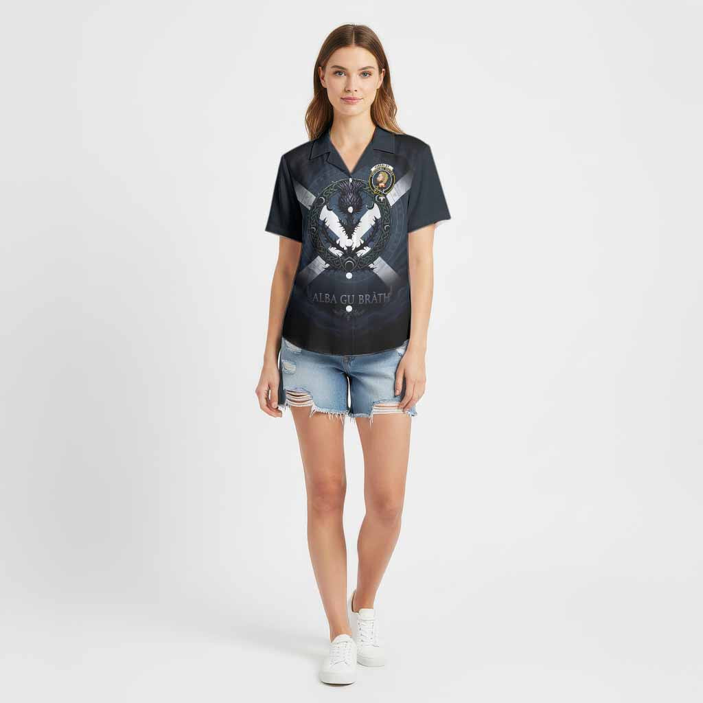 Kirkaldy Clan Crest Cotton Hawaiian Shirt with Celtic Knot Thistle and Saltire