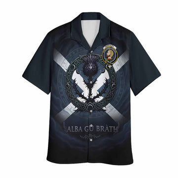 Kirkaldy Clan Crest Hawaiian Shirt with Celtic Knot Thistle and Saltire