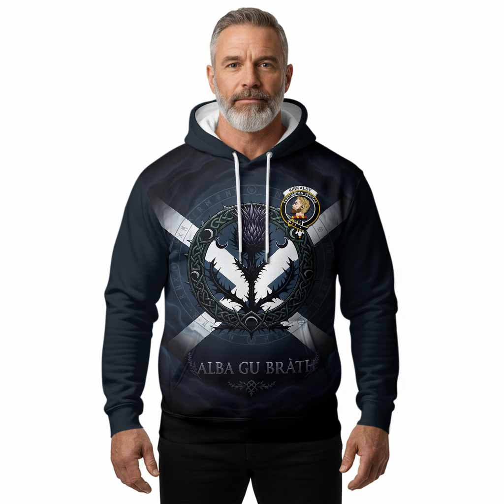 Kirkaldy Clan Crest Hoodie with Celtic Knot Thistle and Saltire