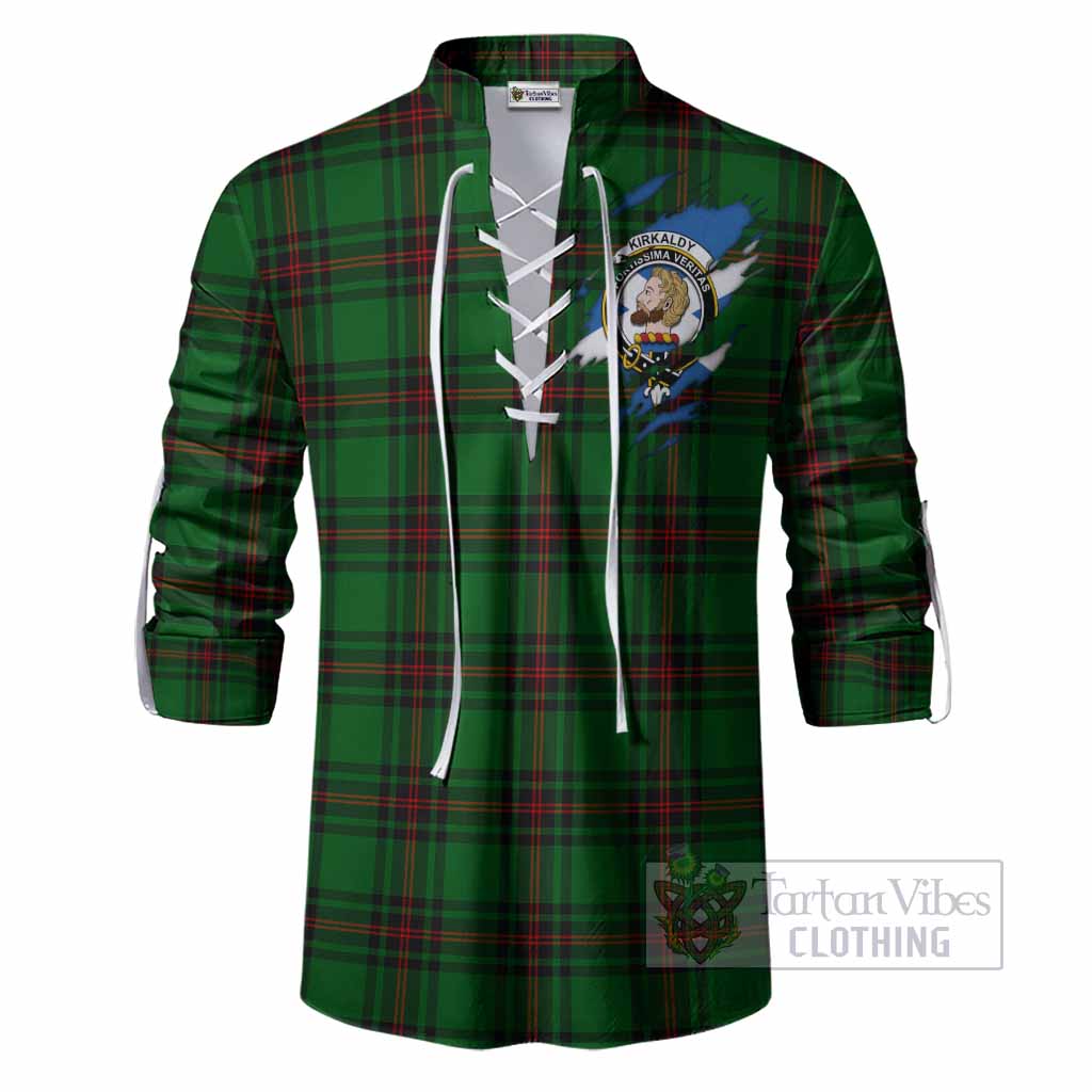 Kirkaldy Clan Crest In Me Tartan Ghillie Shirt Scotland Flag Style