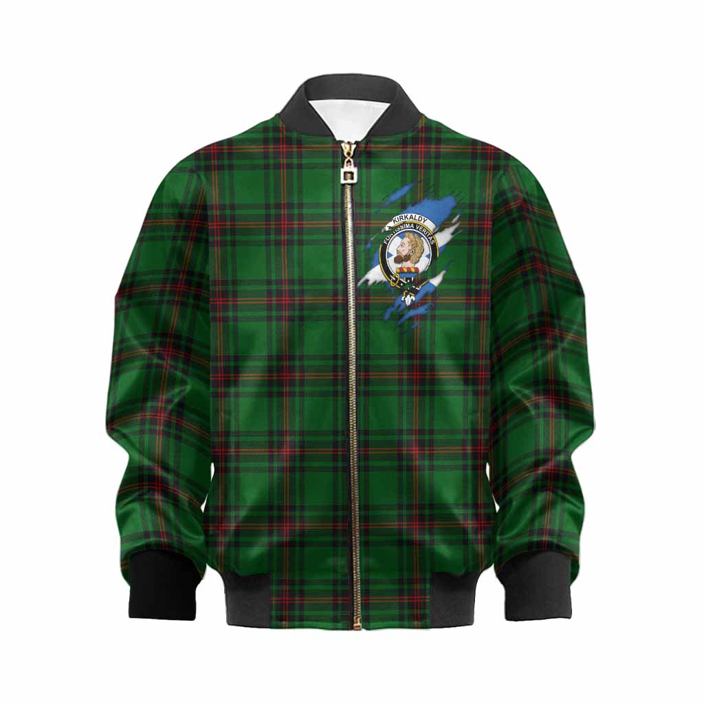 Kirkaldy Clan Crest In Me Tartan Kid Bomber Jacket Scotland Flag Style
