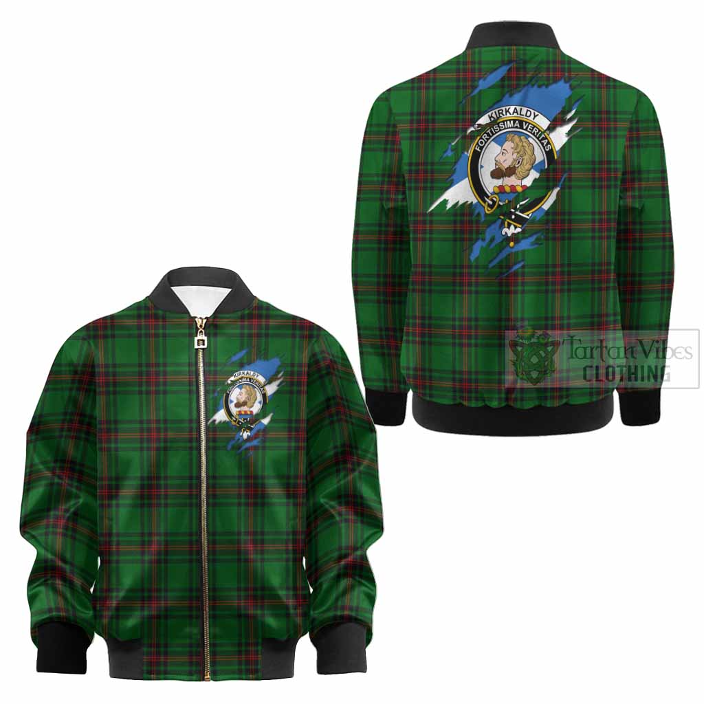 Kirkaldy Clan Crest In Me Tartan Kid Bomber Jacket Scotland Flag Style
