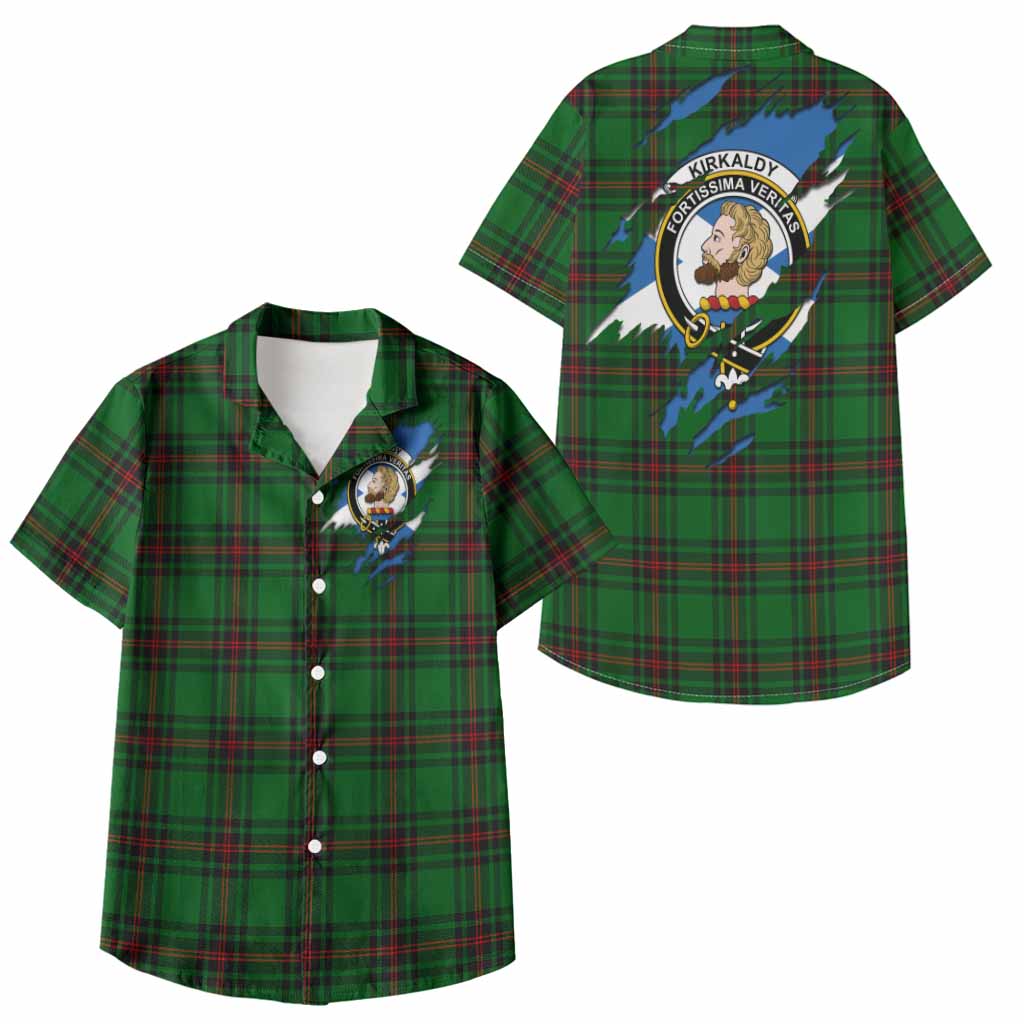 Kirkaldy Clan Crest In Me Tartan Kid Hawaiian Shirt Scotland Flag Style