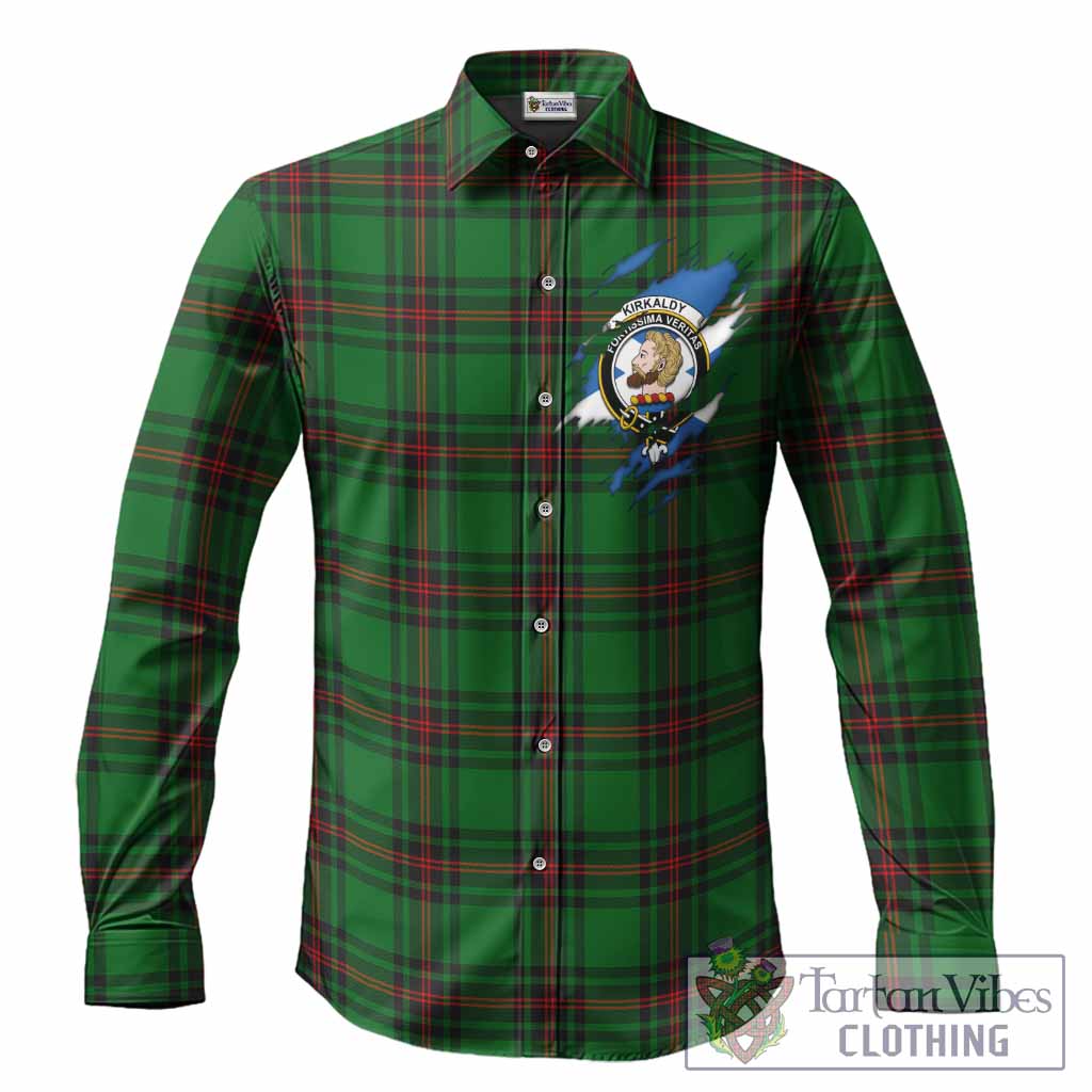 Kirkaldy Clan Crest In Me Tartan Long Sleeve Button Shirts Scotland Flag Style