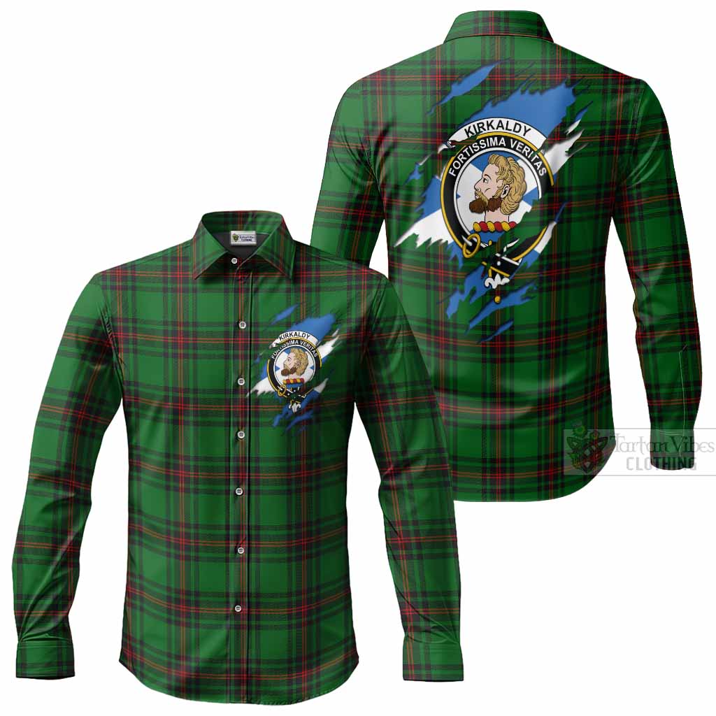 Kirkaldy Clan Crest In Me Tartan Long Sleeve Button Shirts Scotland Flag Style