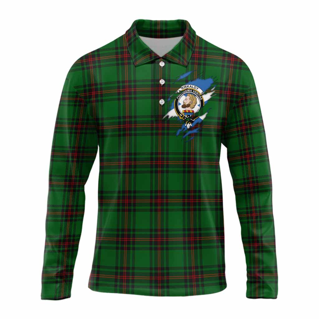 Kirkaldy Clan Crest In Me Tartan Long Sleeve Polo Shirt Scotland Flag Style