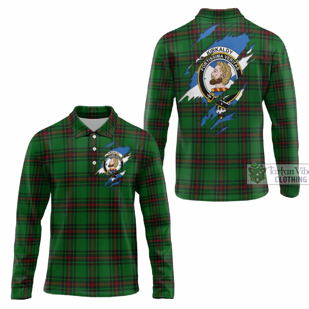 Kirkaldy Clan Crest In Me Tartan Long Sleeve Polo Shirt Scotland Flag Style